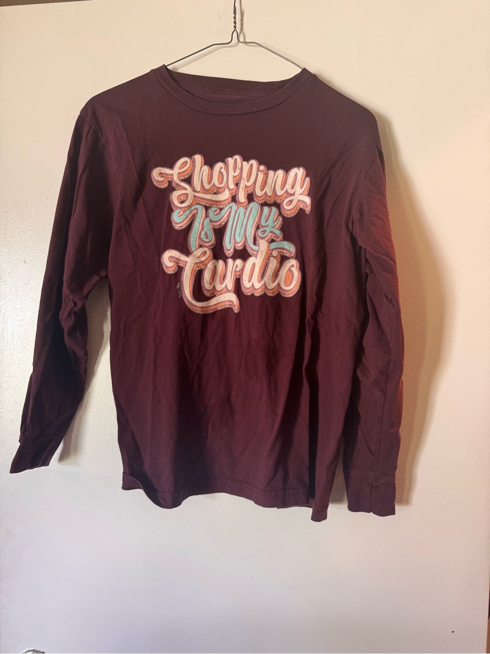 Gildan Maroon Long-Sleeve Tee with 'Shopping Is My Cardio' Script Graphic
